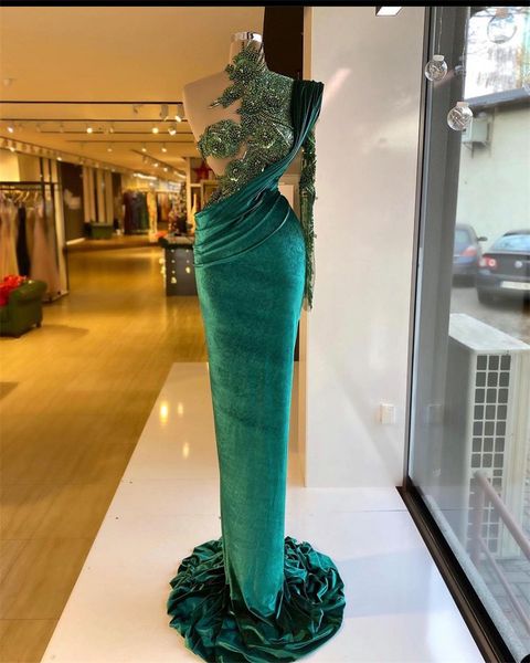 Zümrüt Yeşil Mermaid Gelinlik Modelleri Bir Omuz Dantel Aplikler Boncuk Çiçek Abiye Custom Made Ruffles Parti Kıyafeti