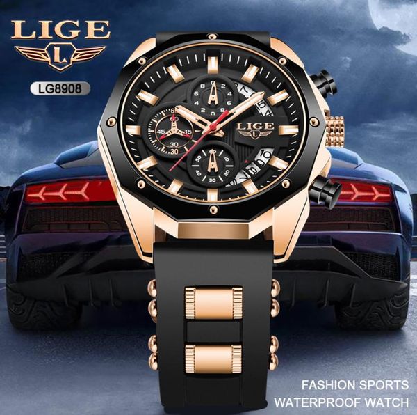

wristwatches lige 8908 male luxury silicone casual sports waterproof fashion business chronograph quartz watch clock, Slivery;brown
