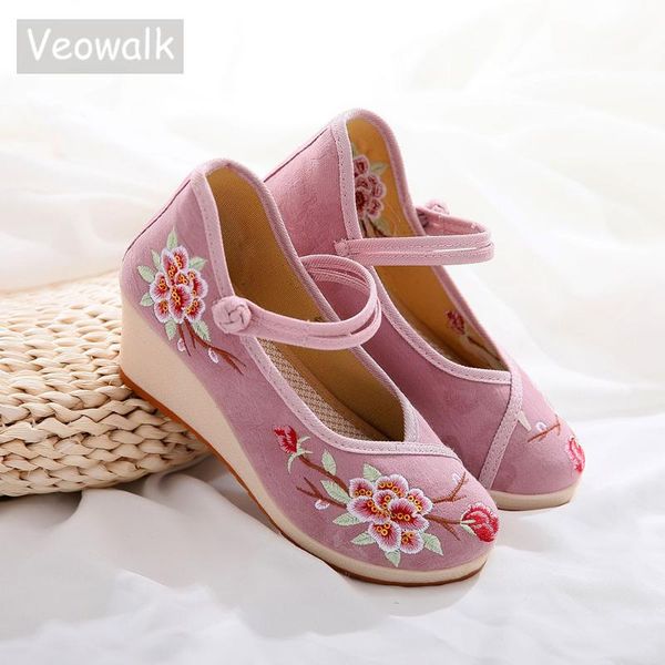 

dress shoes veowalk women jacquard cotton embroidered wedge high heel 6.5cm ladies comfort casual canvas platform pumps woman costume, Black