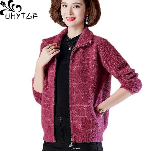 

women's jackets uhytgf women spring autumn jacket knitted quality mink fleece cardigan female short coat zipper loose 5xl plus size out, Black;brown
