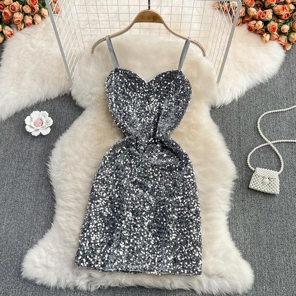 

casual dresses spaghetti strap sequins mini dress women 2021 autumn fashion v-neck sleeveless backless elegant club party vestidos, Black;gray