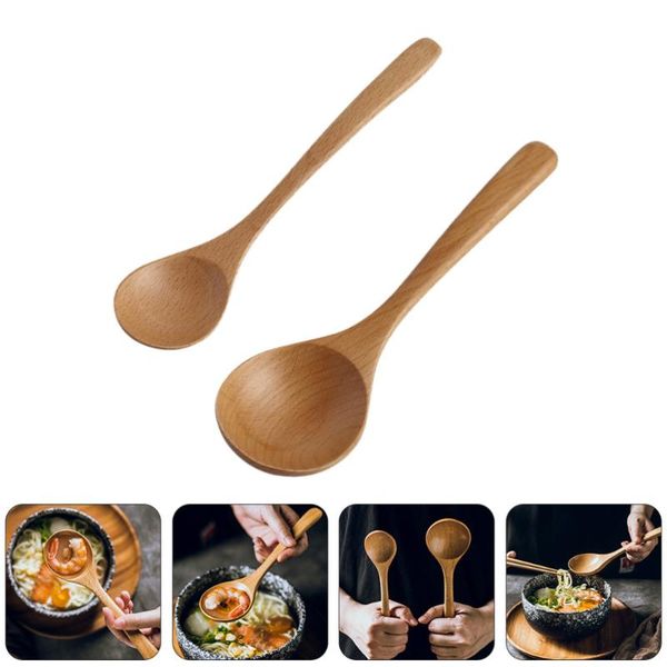 

spoons 2pcs simple wooden long handle soup spoon rise porridge (khaki)