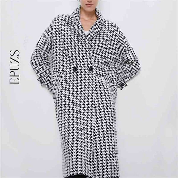 

winter white plaid wool coats women double breasted long coat and jackets elegant slim pockets office 210521, Black;brown