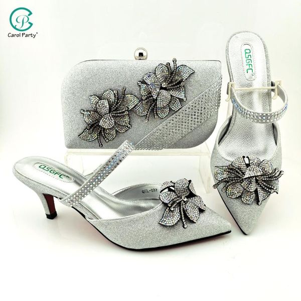 

dress shoes italian design nigerian 2021 est special flower decoration style women and bag set in silver color for party wedding, Black