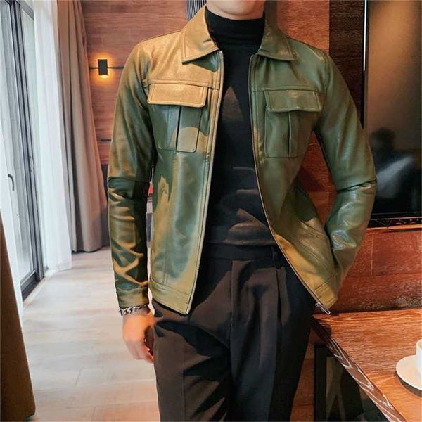 

faux leather jacket men autumn motorcycle korean slim green british trend casual 211118, Black