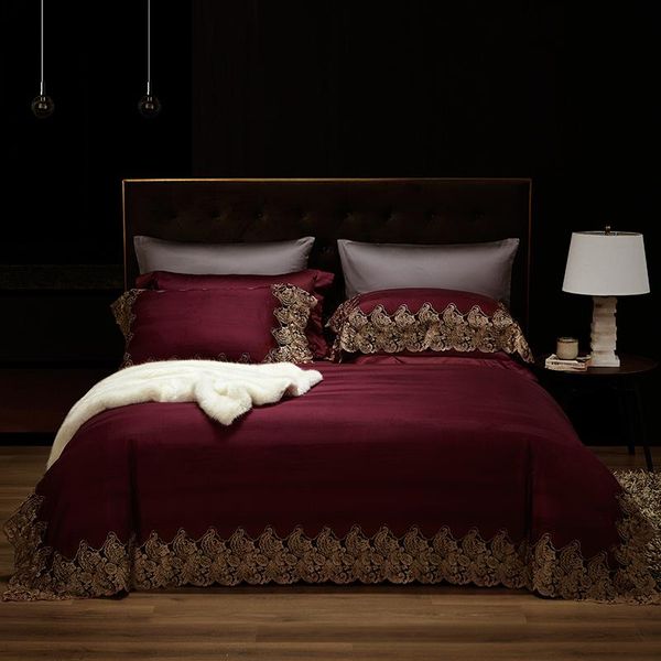 

bedding sets 1000tc egyptian cotton dark red/green lace edge set king  size 4pcs premium soft duvet cover bed sheet pillowcases