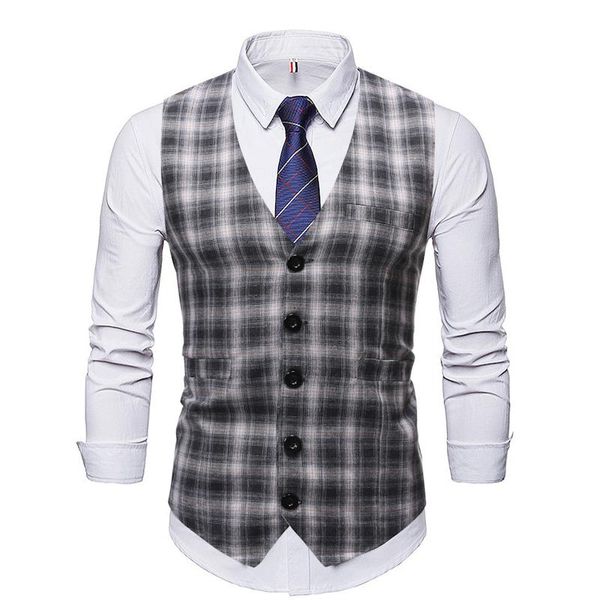

men's vests man fashion suit vest male plaid waistcoat formal business wedding slim dress men work, Black;white