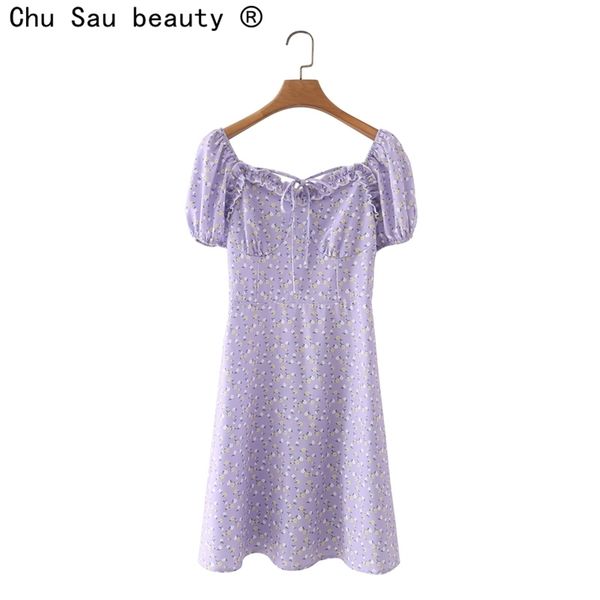

beauty french square collar puff sleeve dress spring summer slim floral print lace-up skirt fashion female 210514, Black;gray