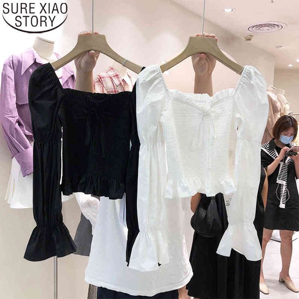 

autumn blusas mujer de moda sweet slash neck chiffon shirts women puff long sleeve blouse casual ladies 12395 210417, White