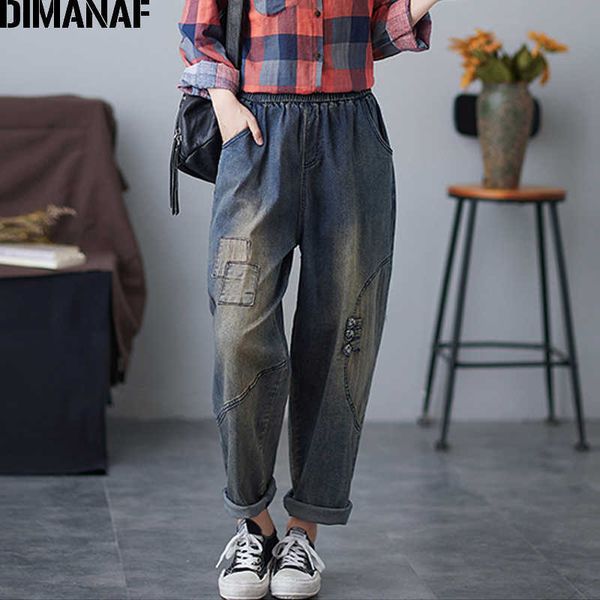 

plus size women long pants vintage cotton denim jeans trousers female elastic waist lady spring clothing 210531, Blue