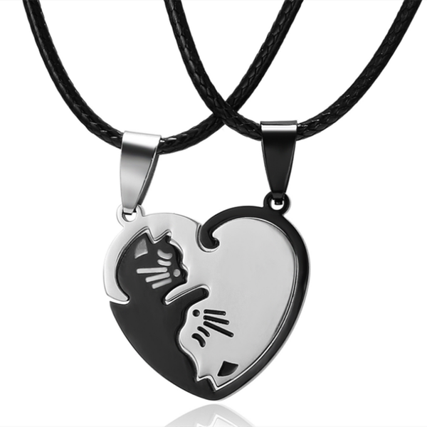

animal black white cat pendant necklace simple friendship gift heart shape gold cute couple jewelry necklaces, Silver