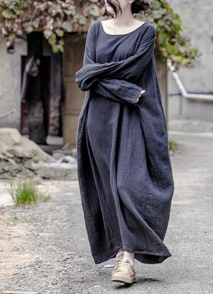 

Female long original design plus size maxi cotton casual dress soft women dressed in linen dresses, Black;gray