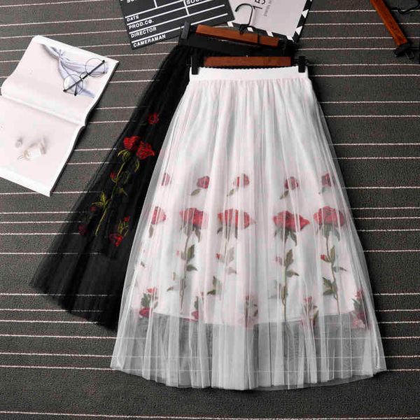 

skirts spring and summer tulle skirt slim pleated vintage rose embroidery floral skirts womens all-match waist jupe saias faldas 4ip0, Black