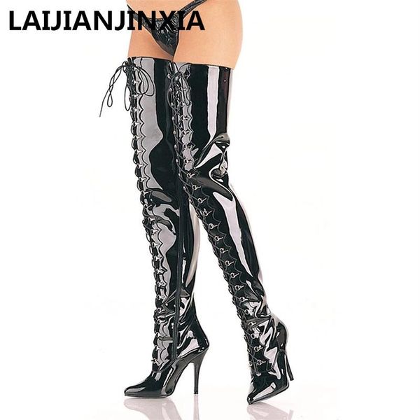 

boots lace up spring women 12cm high heels party point toe shoes thigh over the knee, Black