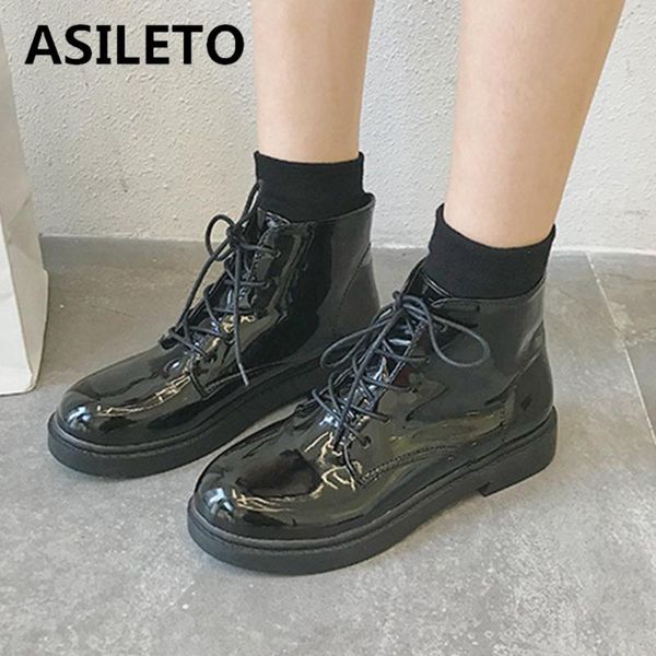 

boots asileto winter women m ankle strap up patent leather square heel comfort casual shoes platform lady black warm fur s2193