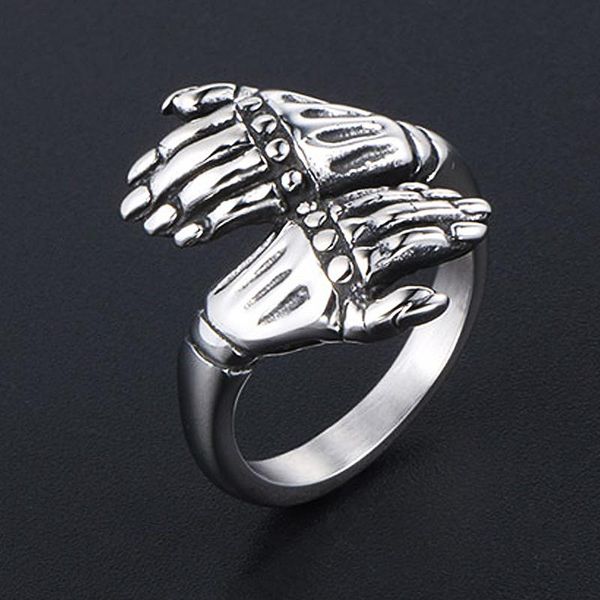 

vintage gothic hug skeleton hand ring 316l stainless steel biker men and women punk hip hop drop cluster rings, Golden;silver
