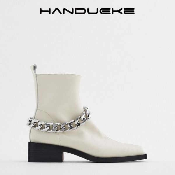 

boots women winter white ankle flat heels metal chain fashion brand street punk shoes square toe woman chunky, Black