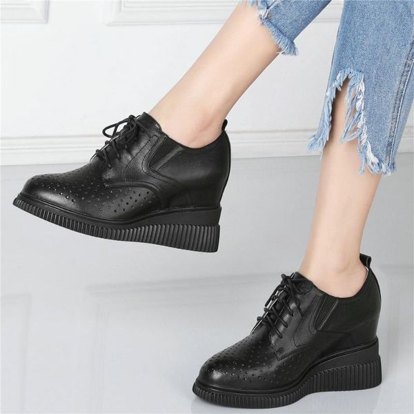 

boots women lace up genuine leather wedges high heel ankle female breathable round toe platform fashion sneakers casual shoes, Black