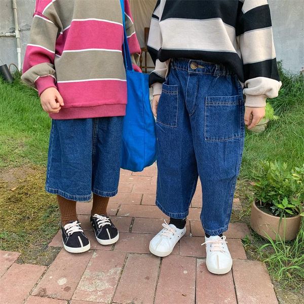 

jeans boys' and girls' korean large pocket, Blue