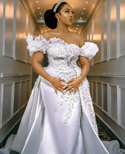 

2021 plus size arabic aso ebi luxurious beaded pearls wedding dress sweetheart court train satin elegant bridal gowns dresses zj255, White