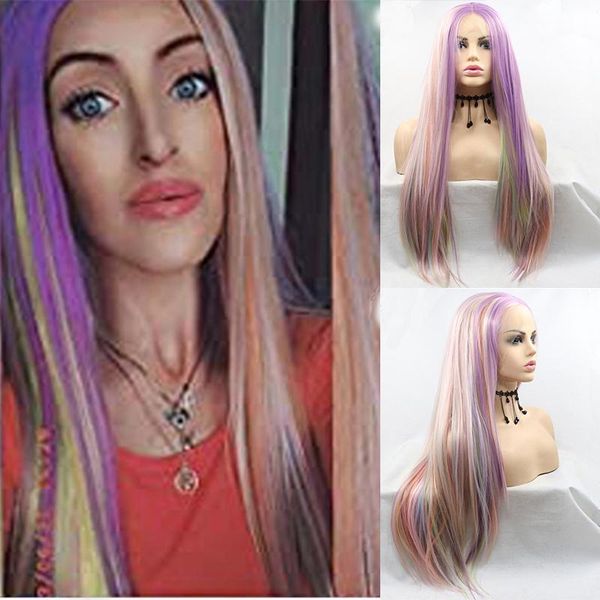 

synthetic wigs long straight rainbow multi purple pink green blue mixed color lace front frontal glueless wig for black women