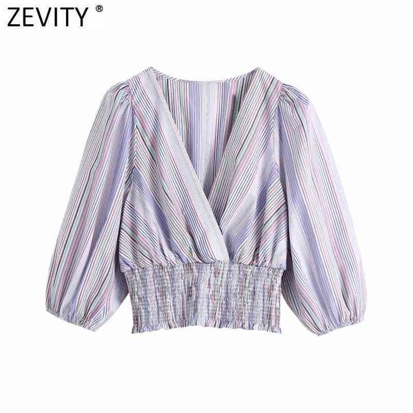 

zevity women vintage cross v neck colorful striped print short slim blouse female puff sleeve shirt chic chiffon ls9136 210419, White