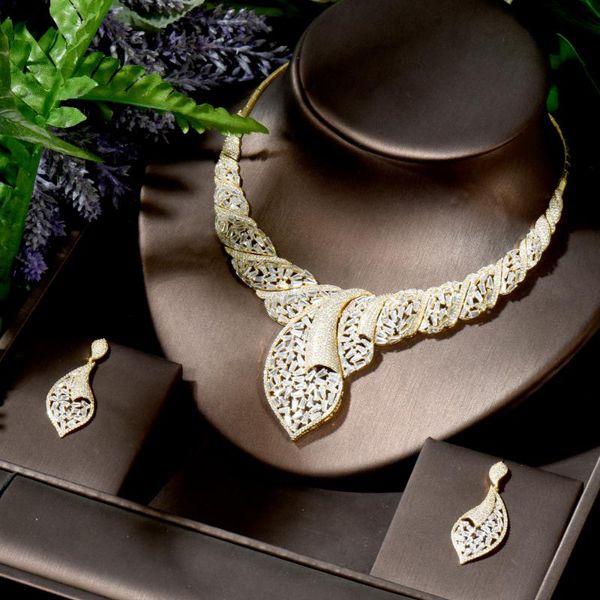 

earrings & necklace hibride big geometric african jewelry sets for women wedding cubic zircon crystal cz dubai beads n-1773, Silver