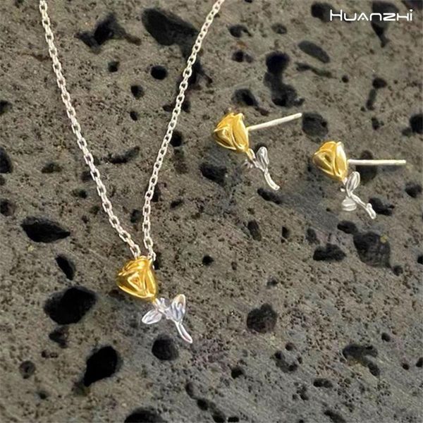 

pendant necklaces huanzhi 2021 gold silver color metal chain hit rose for women girls party jewelry gifts minimalist