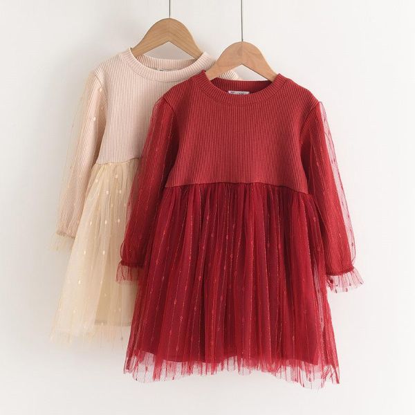 

girl's dresses girls fashion for autumn children's clothing of kids solid color mesh princess dress christmas party, Red;yellow