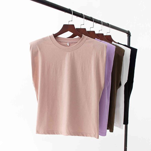 

summer loose and thin all-match french round neck shoulder pad t-shirt sleeveless vest women 210525, White