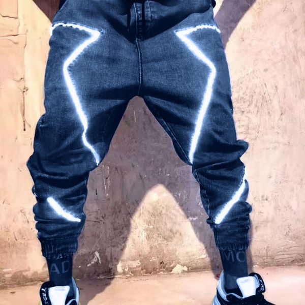 

men's fashion jeans 2021 four seasons men's thin reflective sports street hip hop trend casual denim pants, Blue