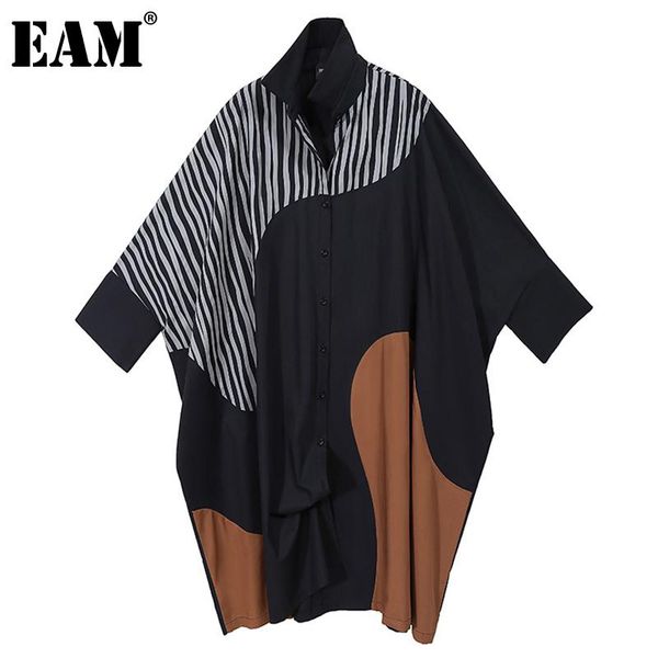 

[eam] women black striped split big size long dress lapel sleeve loose fashion tide spring autumn 2021 1dd0068 casual dresses, Black;gray
