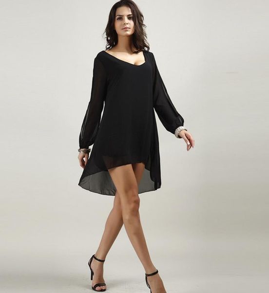 

casual dresses loose asymmetrical lantern sleeve women summer vogue mini-v-neck chiffon a-line dress women's fashion black, Black;gray