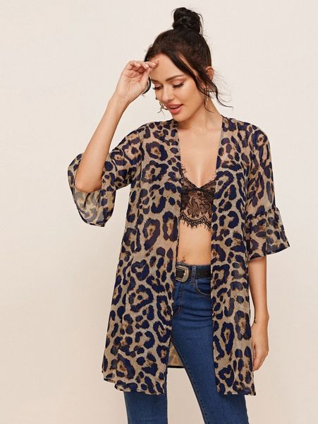 

flounce sleeve leopard kimono x81d#, White;black