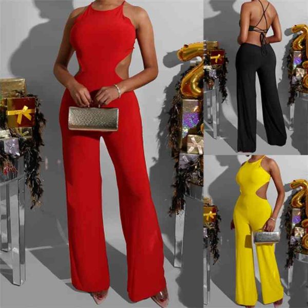 

est backless halter rompers summer hollow out lace-up fashion outfits jumpsuit wide leg pants ladies streetwear clubwear 210517, Black;white