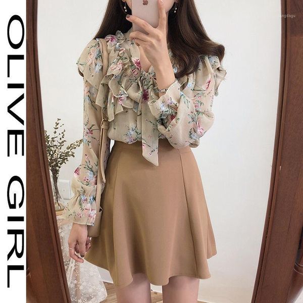 

women's blouses & shirts floral chiffon lace up bow flare sleeve blouse girl women fashion ruffles vintage sweet blusas mujer, White
