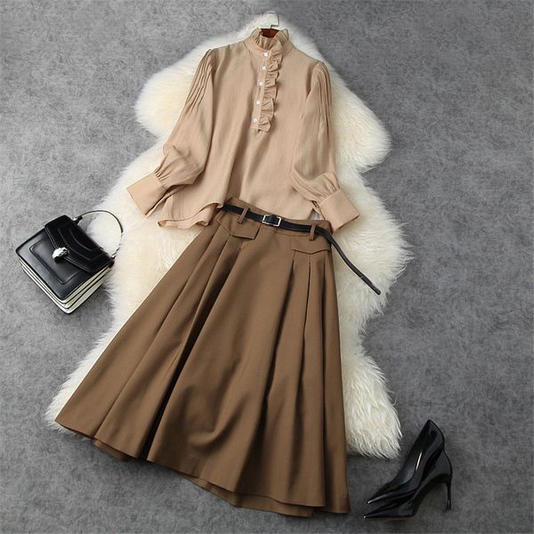 

two piece dress elegant vintage female spring plied with loose blouse and skirt office suit party two outfits fashion runway joint designers, White