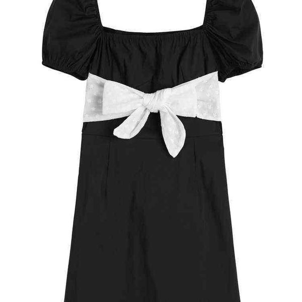 

hepburn 2021 summer bow dress women's design short square neck bubble sleeve temperament small black skirt, Black;gray