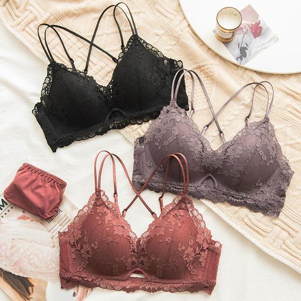

bras sets wasteheart autumn women fashion orange cross back lingerie straps cut out cotton panties wireless bra underwear, Red;black