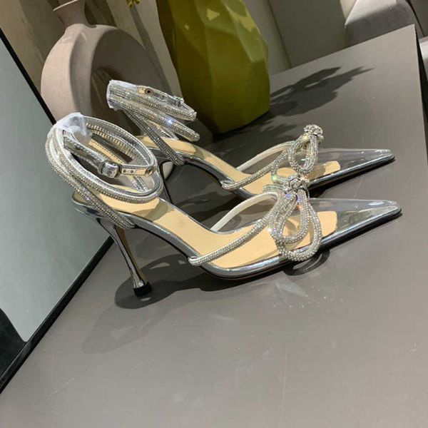 

double bow rhinestone crystal-embellished pvc pumps shoes 90mm spool heels sandals, Black