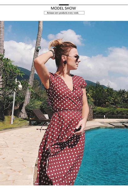 

street style dress 060527 polka dot summer women beach bohemian v neck split asymmetric long elegant party vtidos wrap 7yt6, Black;pink