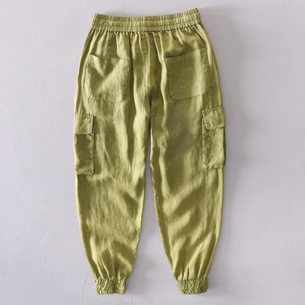 

casual 2021 men's cargo pants 100% linen ankle length men safary style trousers for male army green orange dark blue, Black