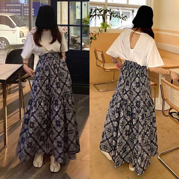 Saias Mulheres Verão Retro Cintura Alta Uma Linha Geométrica Padrão Saia Chiffon Big Swing Faldas Mujer Moda Elegante Moda 210610