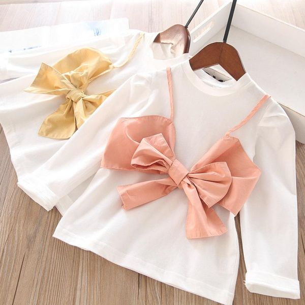 

clothing sets 2021 spring girl's bow vest + solid t-shirs, White