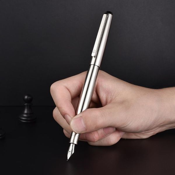 

hongdian metal stainless steel silver fountain pen ef/f/bent nib excellent writing gift ink for business office home pens