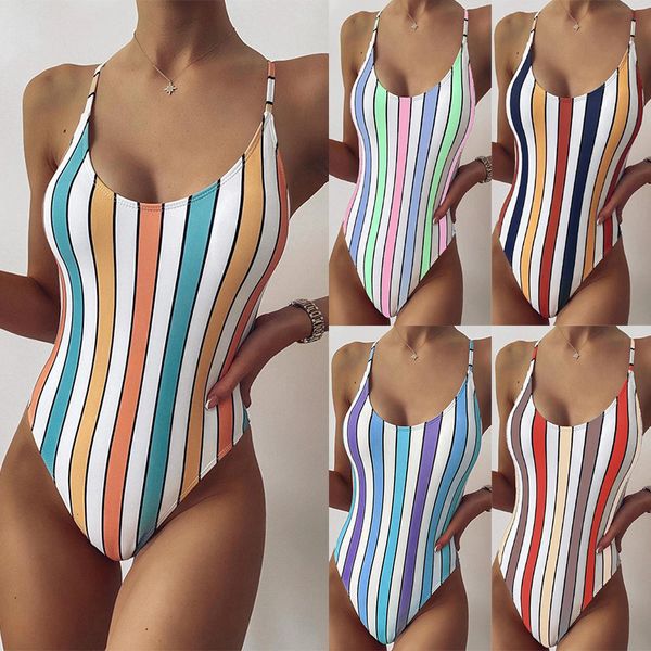 

multi color striped 2021 one piece women's swimsuit bikini, White;black