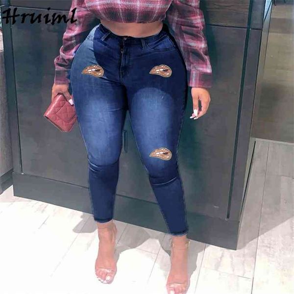 

women fashion skinny streetwear slim-fit denim pants big lips printing full length casual button pantalones para mujer 210513, Black;white