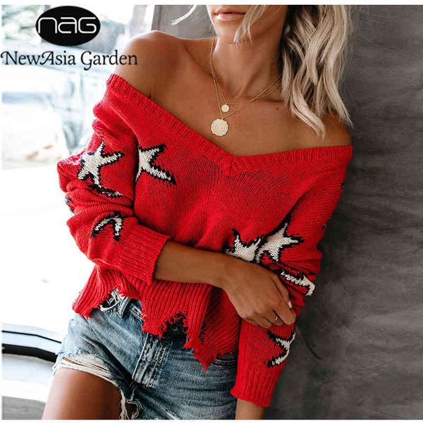 

newasia v-neck tassel sweaters women off shoulder pullover feshion ripped knit crochet jumper loose sweater pull femme 210413, White;black