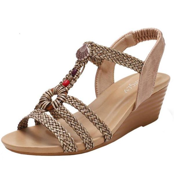 

round head women summer ladies comfortable wedges sandals female soft sole shoes bohemian ethnic roman zy300 dnrm, Black