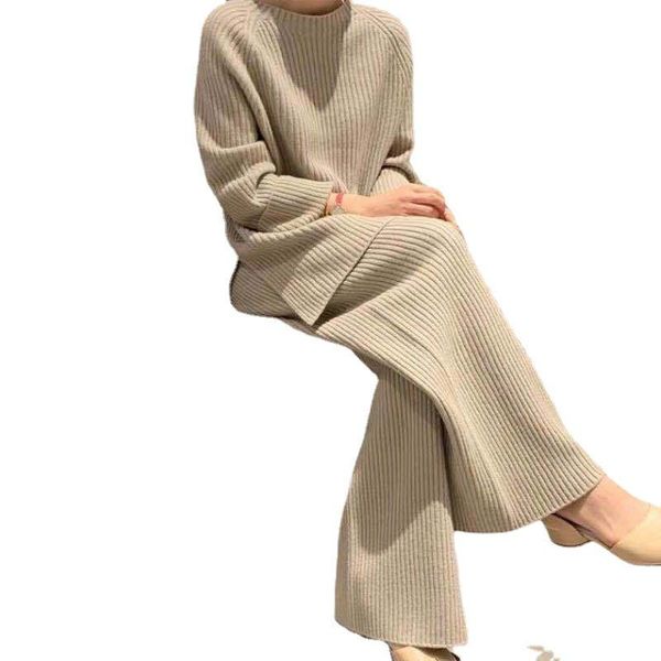 

women's two piece pants european and american pieces set women loose knitted sweater long homewear suits female ns2711, White